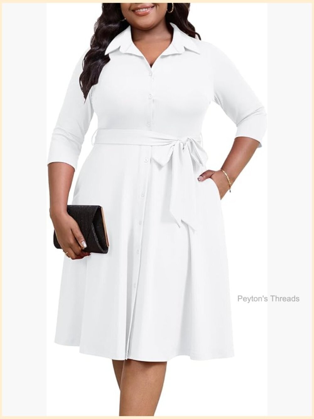Plus Size Midi Dress Button Down 3/4 Sleeve A-Line Swing with Pockets Belt